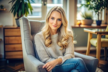 Serenely sitting in a comfortable armchair, a calm young blonde woman in casual attire gazes directly at the camera, embodying relaxation in a cozy living room.