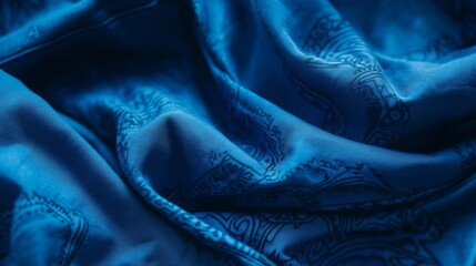 Fototapete - A rich blue silk fabric lays draped, showcasing elegant textures and intricate patterns under soft lighting.