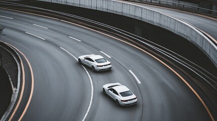 Three cars navigate the motorway under a bright sky, as one approaches an underpass while the other two continue smoothly along the roadway