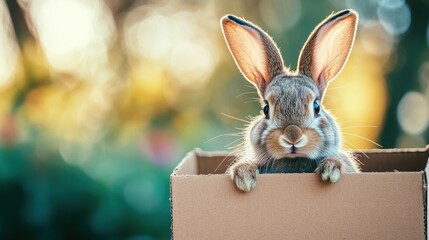 A rabbit is standing in front of a cardboard box