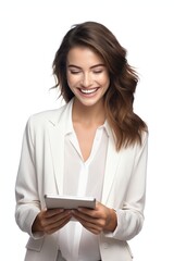 Poster - Young smart woman looking at the tablet screen while working smile computer adult.