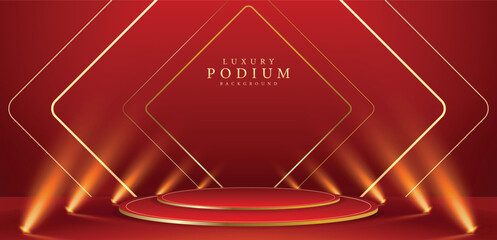 Empty red and gold podium with golden lines with curve light, sparkle glowing effect and bokeh elements. Red luxury background style vector design