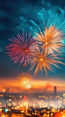Poster - A festive New Year Eve scene with fireworks bursting in the sky over a vibrant cityscape