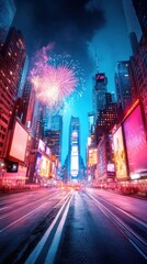 Poster - A festive New Year Eve scene with fireworks bursting in the sky over a vibrant cityscape