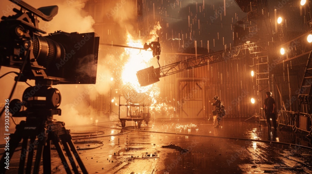 Realistic on the set of a film production with fire and rain. You can ...