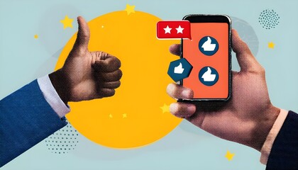 Trendy Halftone Collage: Phone with Five-Star Rating Thumbs Up and Down Gestures, Online Feedback, Yes or No Choice Banner, Quality Review, Vector Art Illustration