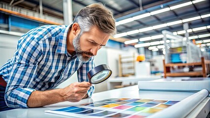 Focused quality control expert examines freshly printed materials with a magnifying glass, ensuring precise color registration and crisp details in a modern print factory setting.