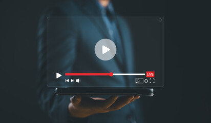 Leinwandbilder - Watch online streaming video. Man searching video content on internet, to watch online entertainment streaming, online learning, watch video and live concert, listen to music, shows or online lessons