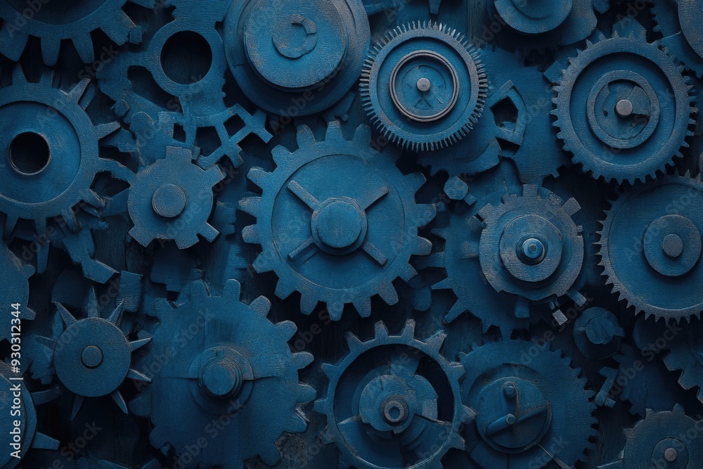 Blue cogs interlock, creating a pattern. This image represents teamwork ...