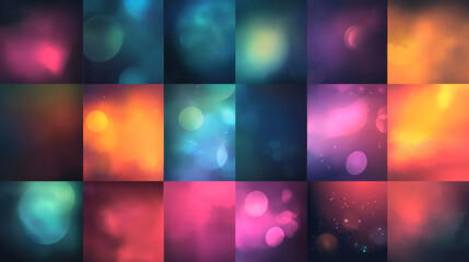 An abstract gradient with a blur effect, showcasing a collection of multicolored blurred shapes. Includes vibrant, soft, blurry color gradients and a set of spot blurred multicolored brush strokes. Ve