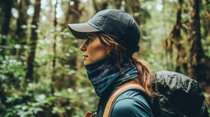 Aufkleber - A woman explores a lush forest, wearing a cap and a neck gaiter, with a backpack secured on her back, immersed in nature.