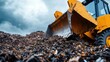 © Dulemegapixel - A yellow bulldozer actively shoveling through a large garbage heap, symbolizing the environmental impact of waste and the ongoing efforts of waste management.