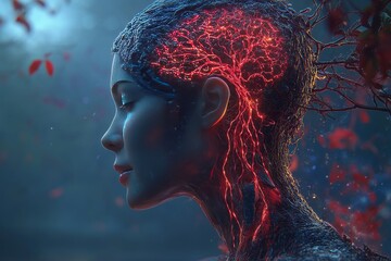 Wall Mural - Woman with neural network illuminated on her face showcasing the integration of human cognition and artificial intelligence