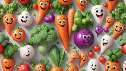 Create a joyful vegetable garden with our Happy Vegetables 3D collection! Cute cartoon characters like smiling carrots and lively tomatoes make any design pop White Bg