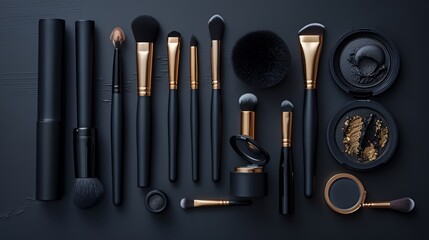 Wall Mural - A collection of makeup brushes and cosmetics arranged elegantly on a dark surface.