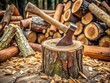 © Man888 - Rusted axe head stuck in a weathered tree stump, surrounded by freshly cut wooden logs and scattered sawdust, evoking a sense of rustic lumberjack craftsmanship.