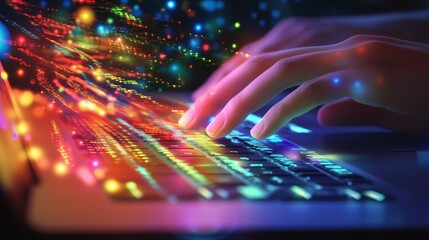 Poster - Fingers fly over a glowing keyboard, with colorful code flowing on screen, showcasing intense focus.