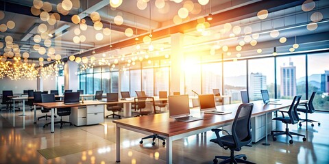 Modern corporate space with blurred backdrop, abstract bokeh, and creamy light diffusion, evoking a sense of freedom and creativity in a dynamic work environment.