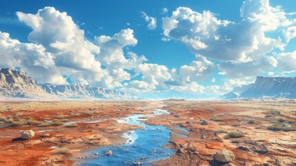 Wall Mural - Scenic desert landscape with a winding river and vibrant clouds under a bright sky