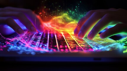 Poster - Fingers dance on a glowing keyboard, while colorful code showcases a programmer's creativity.