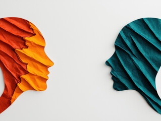 Abstract art showing two faces made of colorful, crumpled paper on a white background, symbolizing contrast and duality.