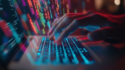 Aufkleber - hands type on a backlit laptop in a dim room, with colorful code floating around.