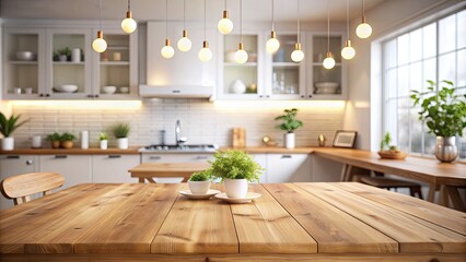 Warm and inviting wooden kitchen table background with blurred white clean home interior, bokeh effect, ideal for displaying or montaging dining or event setups.