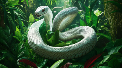 closeup of a white snake in forest