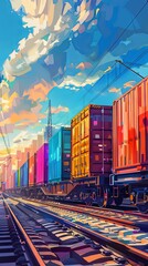 Cargo freight train with colorful containers on the railway, goods and products transportation. Railroad shipping and delivery, commercial warehouse export, global logistics distribution service