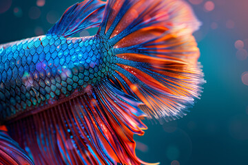 Beautiful close-up of the tail and scales of an blue betta fish, vibrant colors, detailed texture, natural light