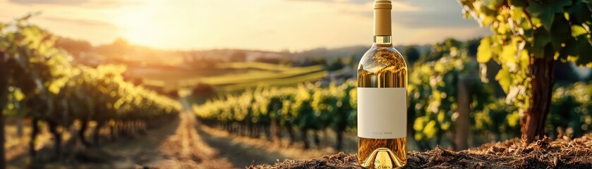 Wall Mural - Bottle of White Wine in a Scenic Vineyard at Sunset with Rolling Hills in the Background