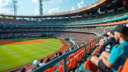 Baseball fans enjoy a sunny afternoon game at a large stadium with empty seats in the background