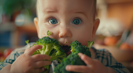 Wall Mural - A baby eating broccoli, with the focus on the eyes and mouth while holding pieces of green vegetables in their hands