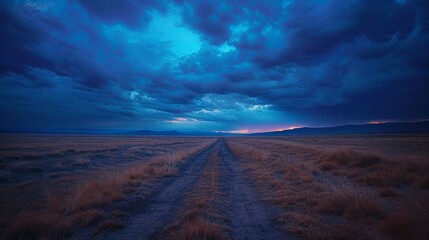 Wall Mural - Dark storm clouds gather over a remote dirt road in the vast open plains at dusk