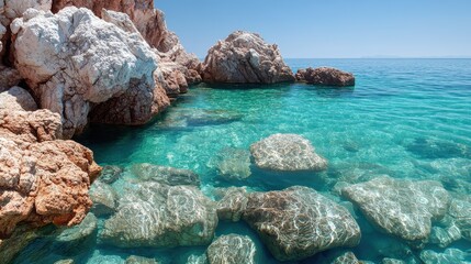 Wall Mural - A stunning coastal scene showcasing rocky boulders nestled in clear, turquoise waters under a bright blue sky, embodying the natural beauty and purity of the seashore environment.