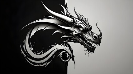 A dragon insignia featured on a split black and white background