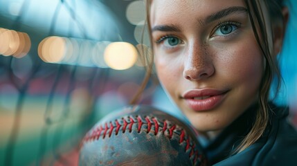 Wall Mural - Young athlete posing with a baseball at a sports arena during twilight, showcasing determination and focus