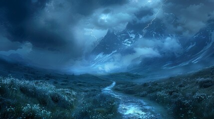 Wall Mural - Dark storm clouds over a serene mountain landscape with a winding path at dusk