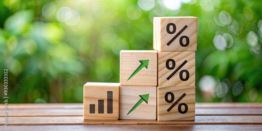 Increased Interest Rates Sign Wooden block displays rising financial interest rate with percentage ...