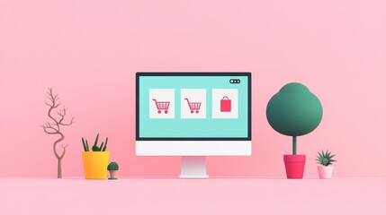 A simple illustration of a computer screen displaying a website with product images, a search bar, and a shopping cart icon.