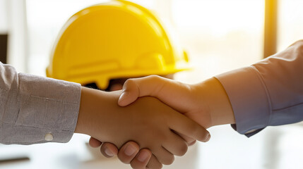 yellow safety helmet on workplace desk with construction worker team hands shaking greeting start up plan new project contract in office center at construction site, partnership and contractor concept