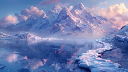 Wall Mural - Snow-covered mountains reflect in serene lake at dawn in a tranquil winter landscape