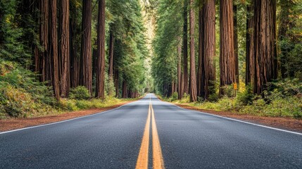 A serene road surrounded by towering redwood trees, inviting exploration and adventure. lush greenery evokes sense of peace and tranquility. 