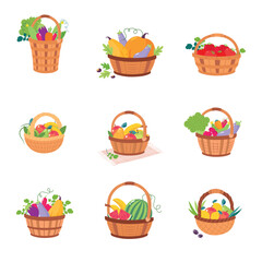 Poster - Harvest in Basket with Ripe Agricultural Crop Vector Set