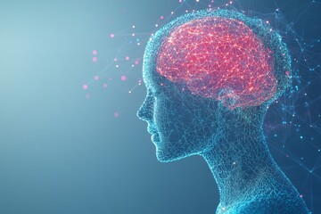 Poster - Futuristic profile of a person with a glowing red brain symbolizing the integration of human thought and technology set against a blue abstract background emphasizing digital connections