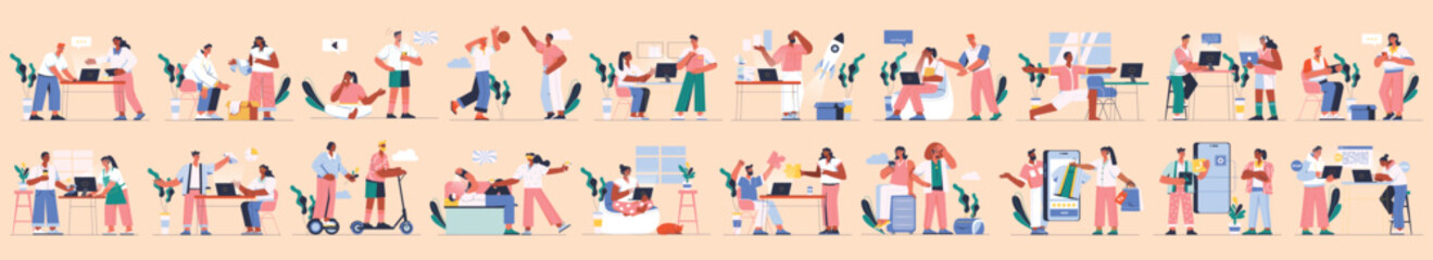 Aufkleber - Bundle of colorful concepts with people scene in flat cartoon design. A large selection of colorful images showing men and women on a orange background. Vector illustration.