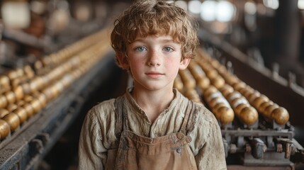 Wall Mural - Child industrial worker work in a heavy industry, retro factory machine equipment and production