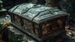 © FryArt - Ancient wooden chest covered in moss and leaves in a forest clearing during twilight