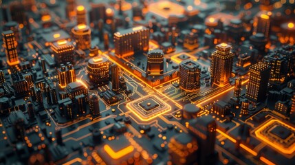 Poster - Futuristic cityscape with glowing circuitry at night