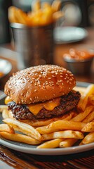 Wall Mural - Closeup of hamburger and fries on the plate on table. Restaurant beef cheeseburger food meal, delicious unhealthy American fast or junk food